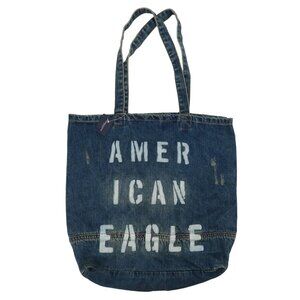 American Eagle AE Blue Jean Denim Distressed Spellout Tote Bag Purse Handbag NEW